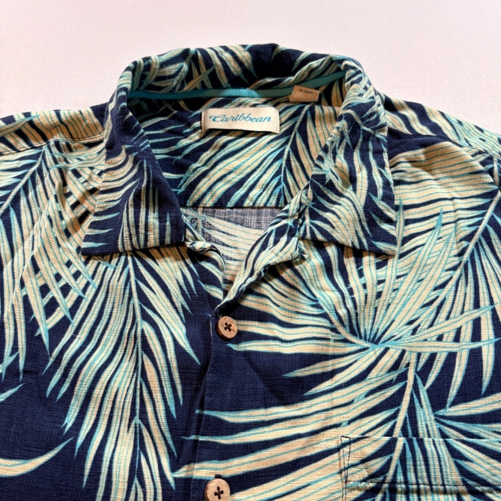 Caribbean Silk Blend Tropical Palm Leaf Shirt Mens XL Navy Blue Short Sleeve